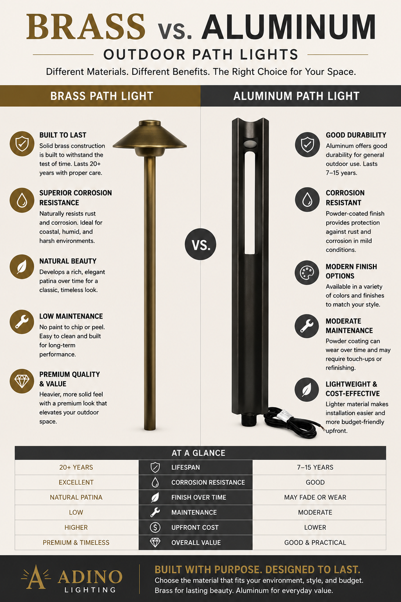 Brass vs aluminum landscape lighting fixtures comparison infographic showing durability, corrosion resistance, maintenance, lifespan, and wholesale landscape lighting applications