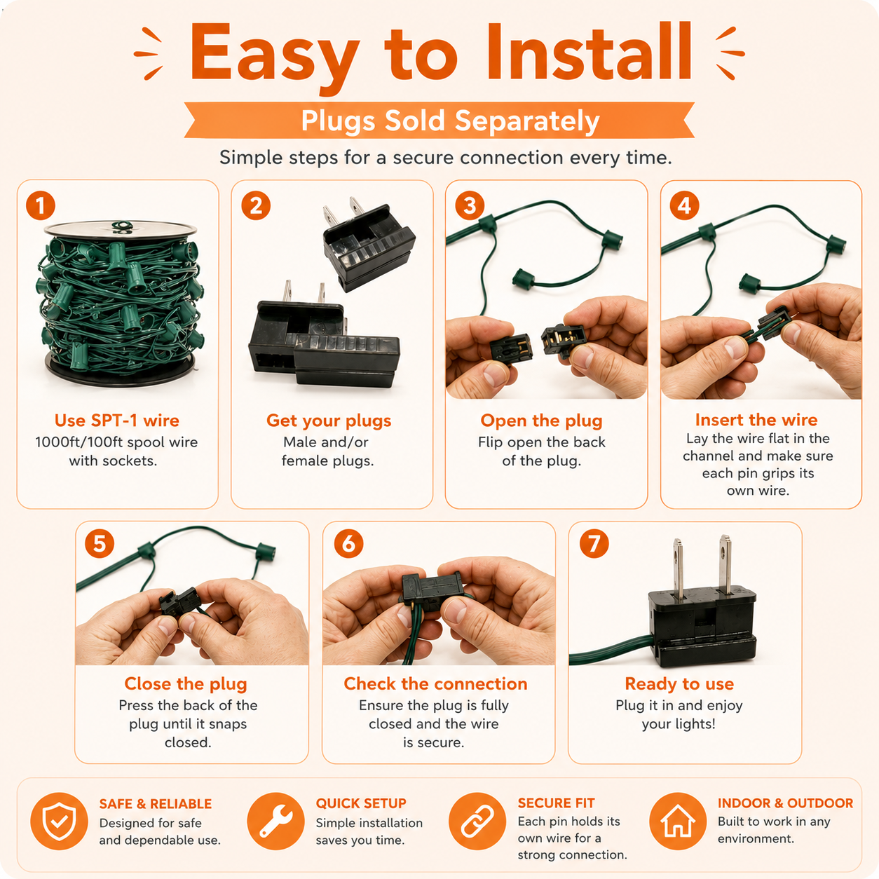 1000ft C9 Christmas Light Socket Spool, Green Spt-1 Wire, 15" Spacing