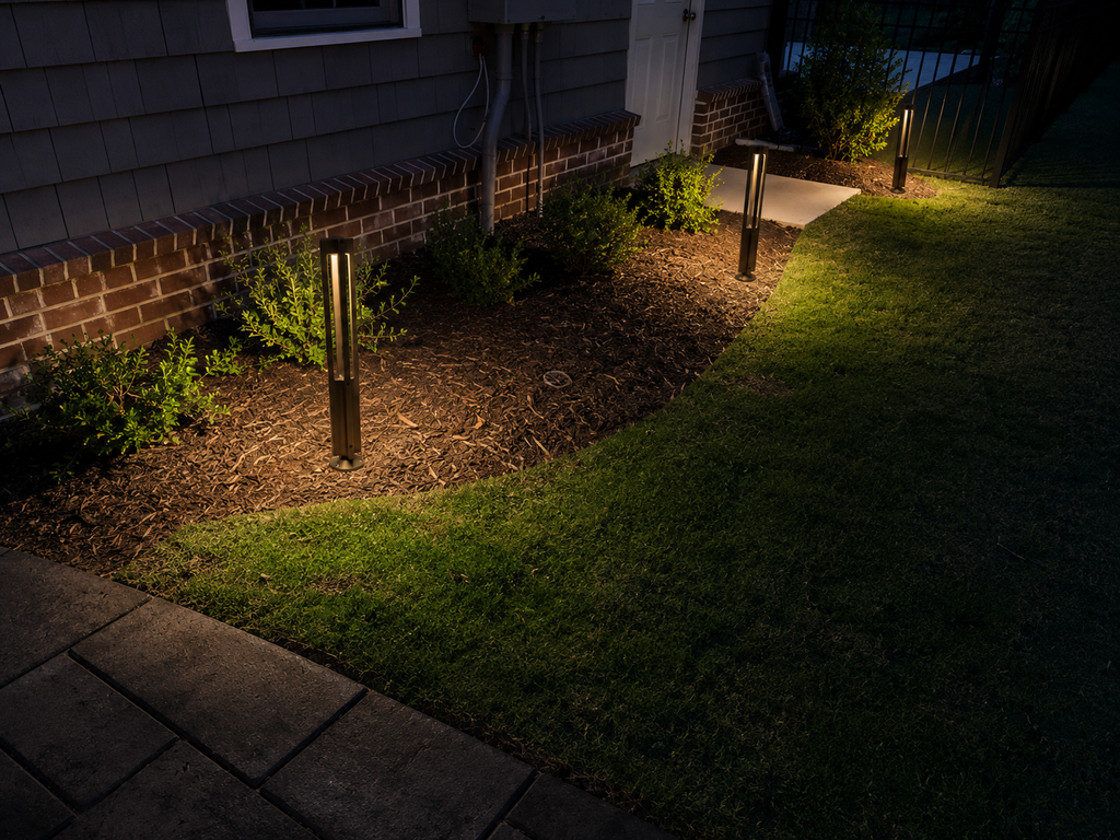 Contemporary 12V pathlight installed along a garden path, providing elegant low voltage landscape lighting with a modern column-style fixture.