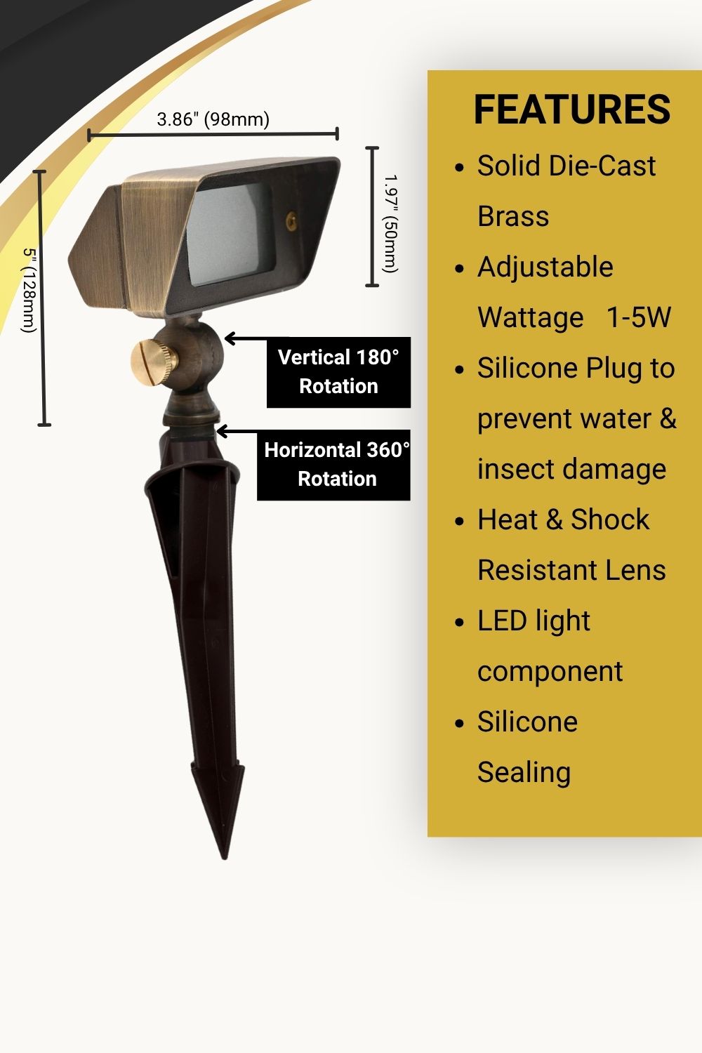 12V Mini Flood Light | 1-5W Adjustable LED Landscape Spotlight | Brass Outdoor Flood Light