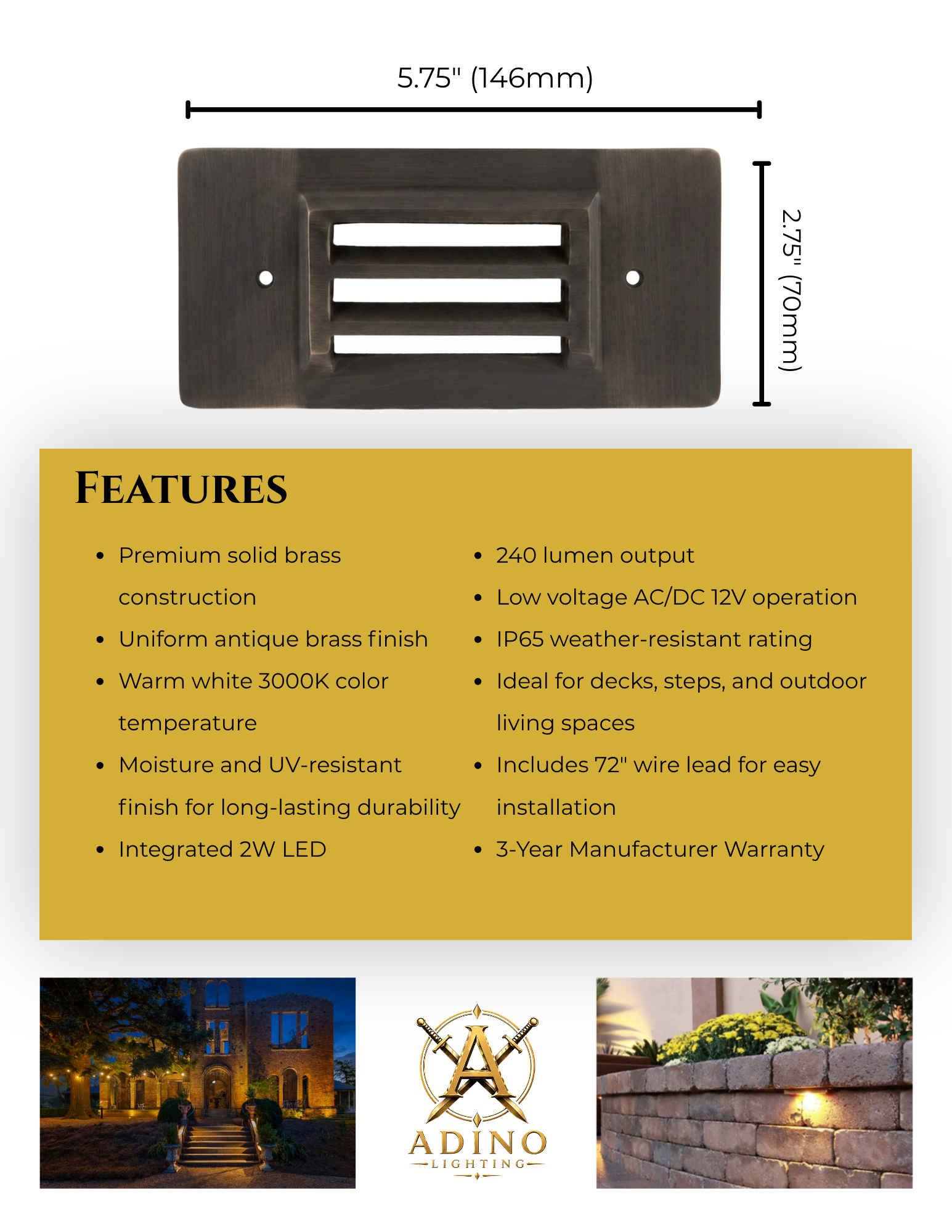 2W Integrated Solid Brass Deck & Step Light – 3000K Antique Brass Finish | IP65 Low Voltage LED