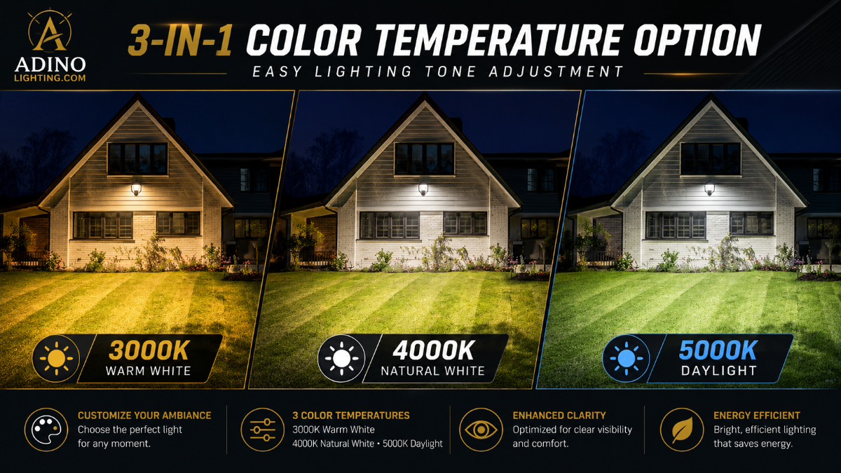 Selectable color temperature LED flood light showing 3000K warm white, 4000K natural white, and 5000K daylight modes