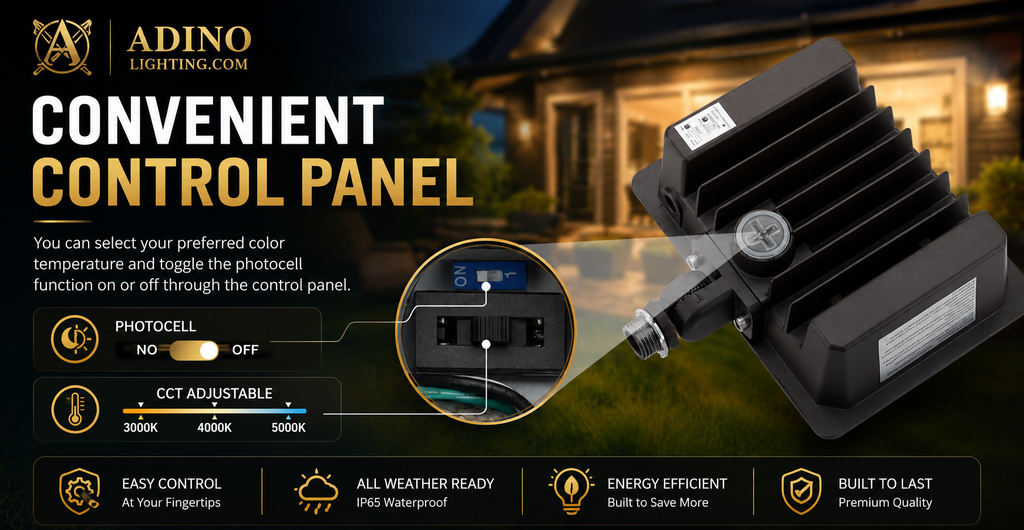 Rear control panel showing photocell on off switch and selectable 3000K 4000K 5000K color temperature settings