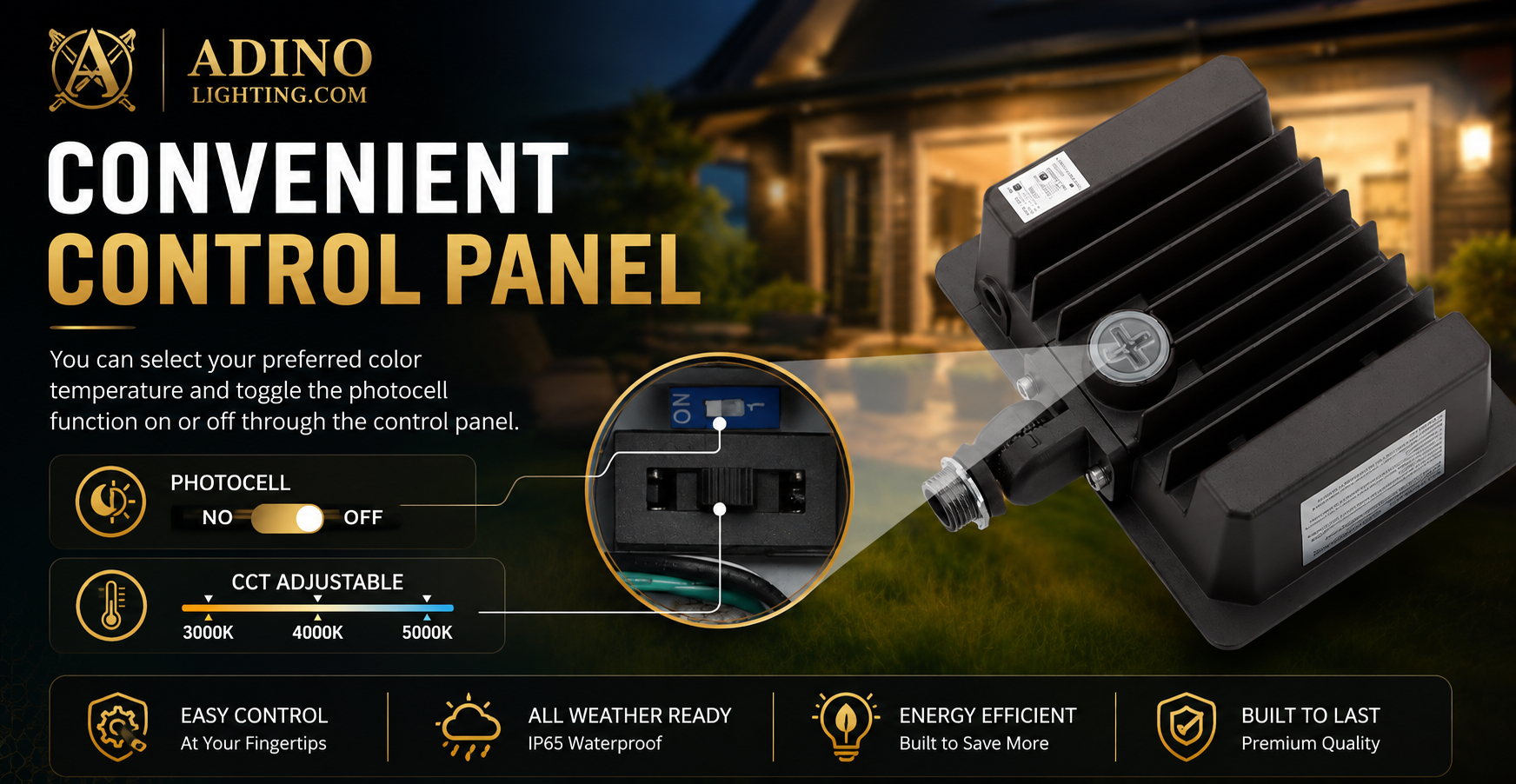 Rear control panel showing photocell on off switch and selectable 3000K 4000K 5000K color temperature settings
