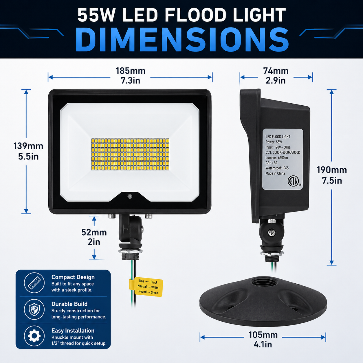 Dimensional drawing of 55W LED flood light with fixture measurements, knuckle mount dimensions, and mounting base specifications
