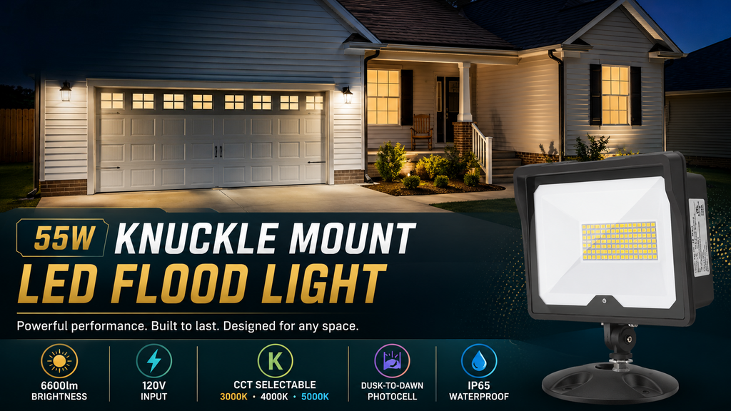 55W LED flood light providing bright outdoor security lighting for residential garages, driveways, and entryways