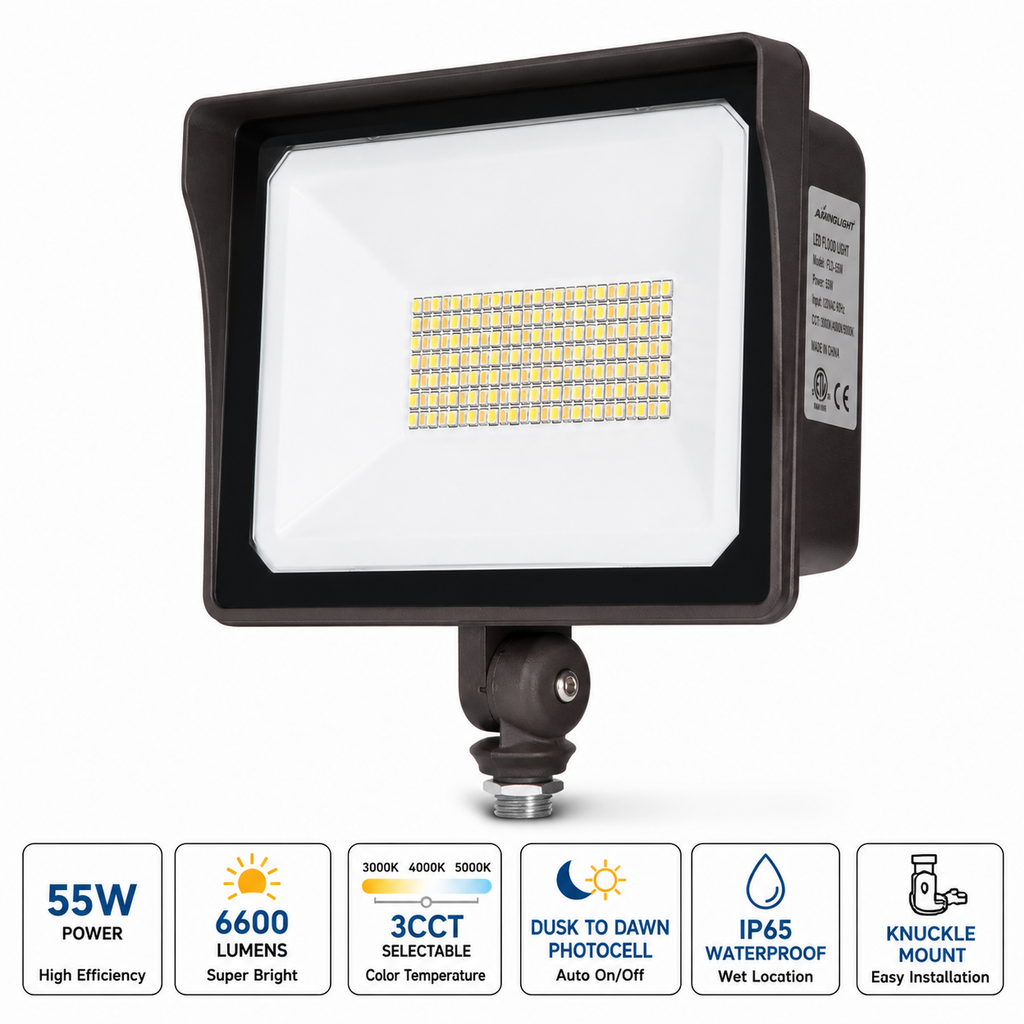 55W LED flood light with dusk-to-dawn photocell sensor, selectable 3000K 4000K 5000K color temperatures, and adjustable knuckle mount