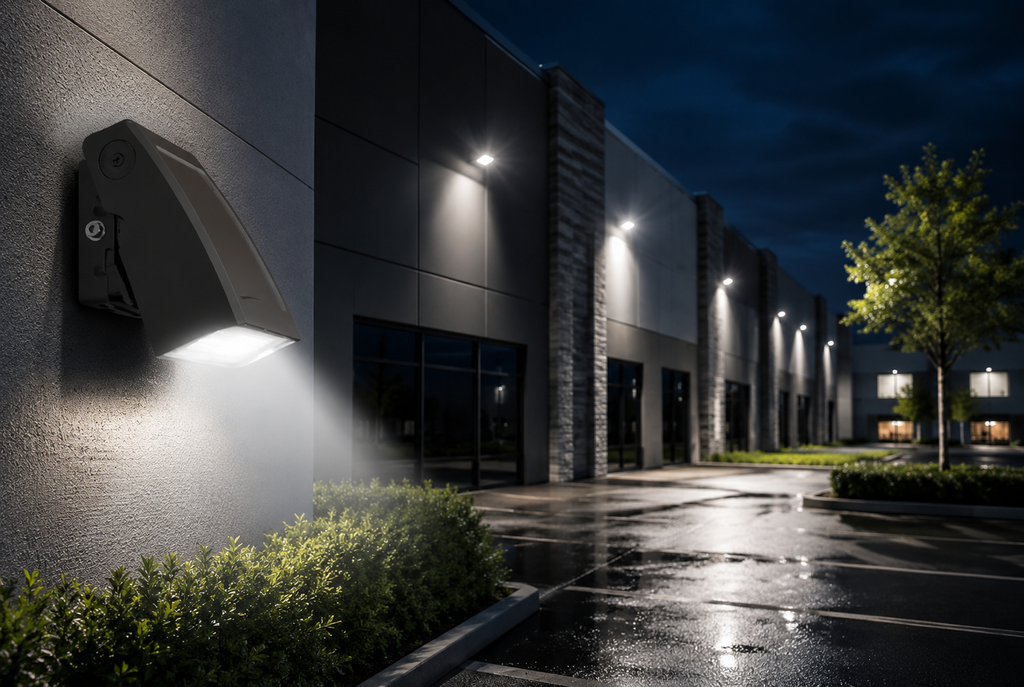 80W LED wall pack light installed on a commercial building exterior at night providing bright security illumination for walkways and entrances.