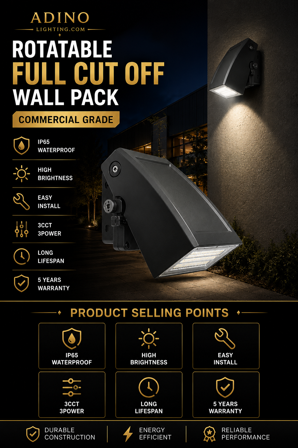 Commercial-grade 80W LED wall pack featuring IP65 waterproof protection, high brightness output, 3CCT selectable color temperatures, and 5-year warranty.