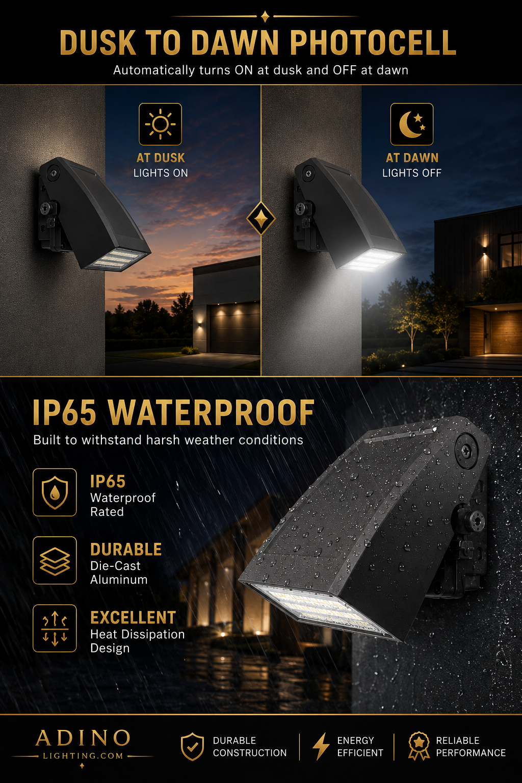 80W LED wall pack with dusk-to-dawn photocell sensor, IP65 waterproof rating, die-cast aluminum housing, and weather-resistant outdoor performance.