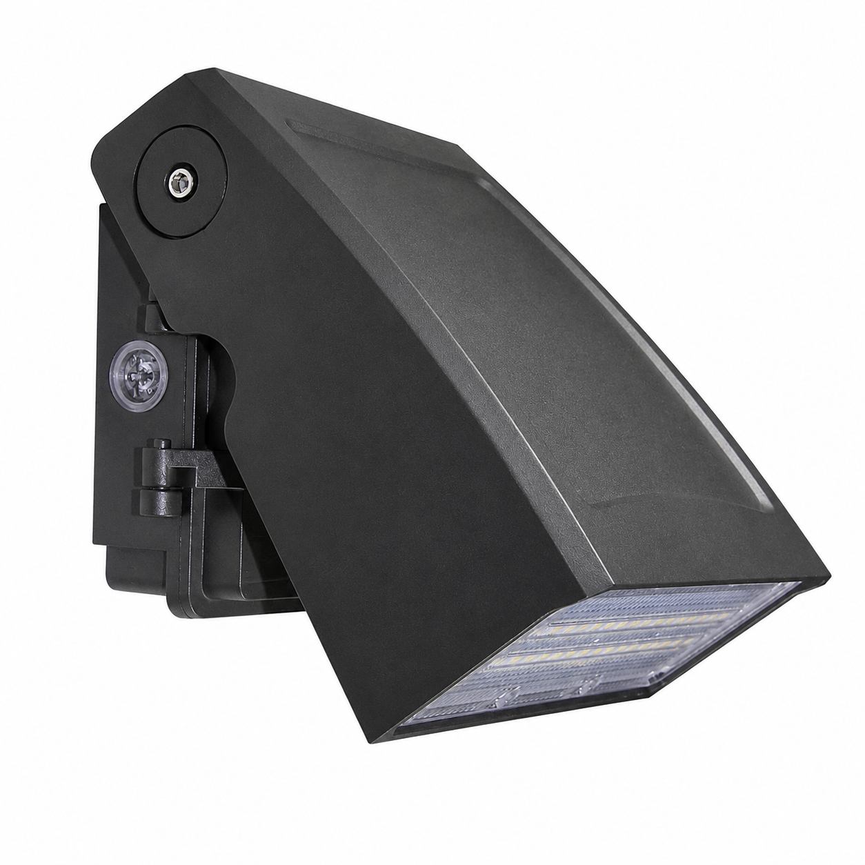 80W rotatable full cut-off LED wall pack light in black finish with adjustable 0-90 degree mounting for commercial outdoor security lighting.