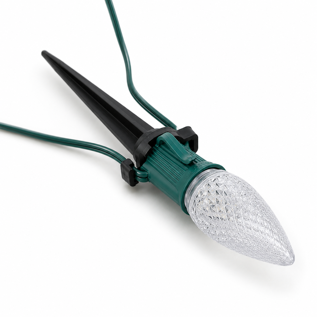 C9 Christmas light bulb mounted in a 4.5-inch heavy-duty universal light stake, demonstrating upright bulb positioning for professional driveway, walkway, and landscape lighting displays.