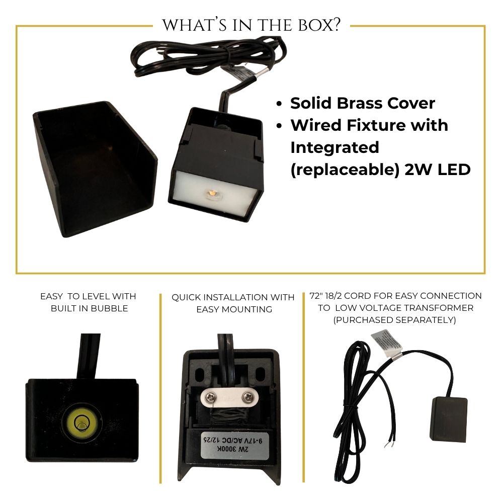 Low Voltage Deck Lights, Sleek LED Rectangle Post Rail Light, Outdoor Landscape Fence Lighting, 2W 3000K, Solid Brass, ETL Listed