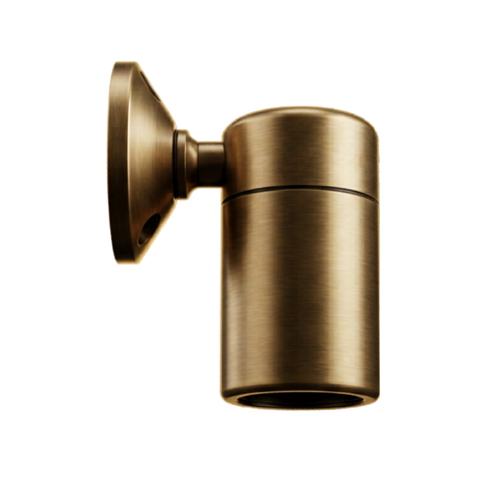 Antique brass exterior wall sconces flanking a dark front door, enhancing curb appeal with elegant downward illumination.