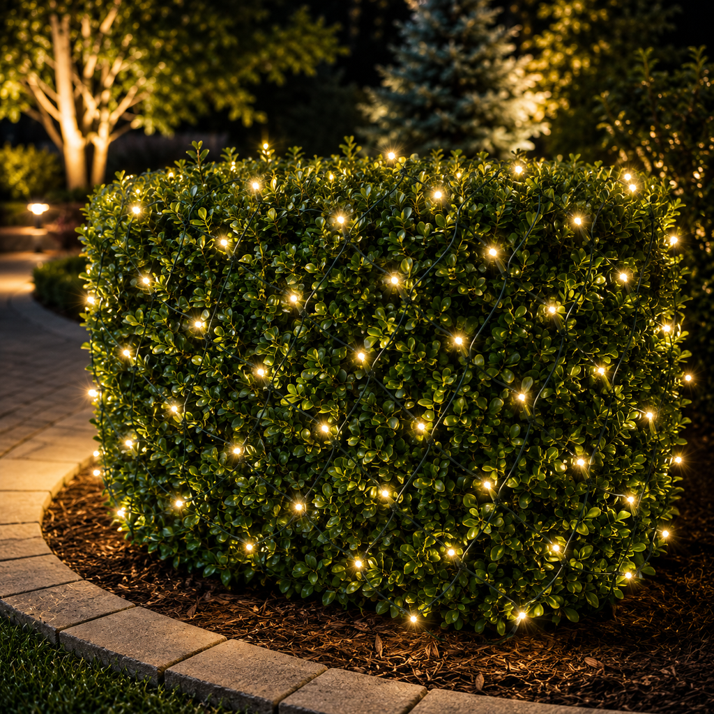 Commercial-grade warm white LED net lights measuring 4 feet by 6 feet with 100 wide-angle LEDs, ideal for decorating hedges, shrubs, bushes, and outdoor holiday landscape displays.