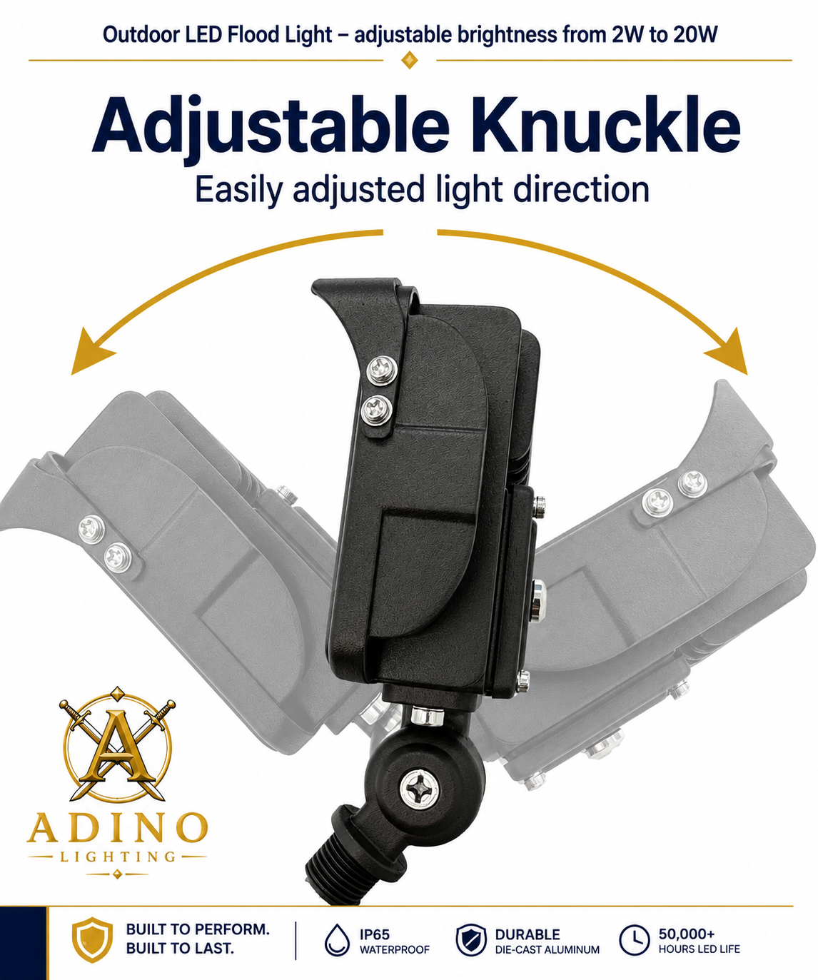 Adino Lighting outdoor LED flood light with adjustable knuckle mount for precise landscape lighting direction.