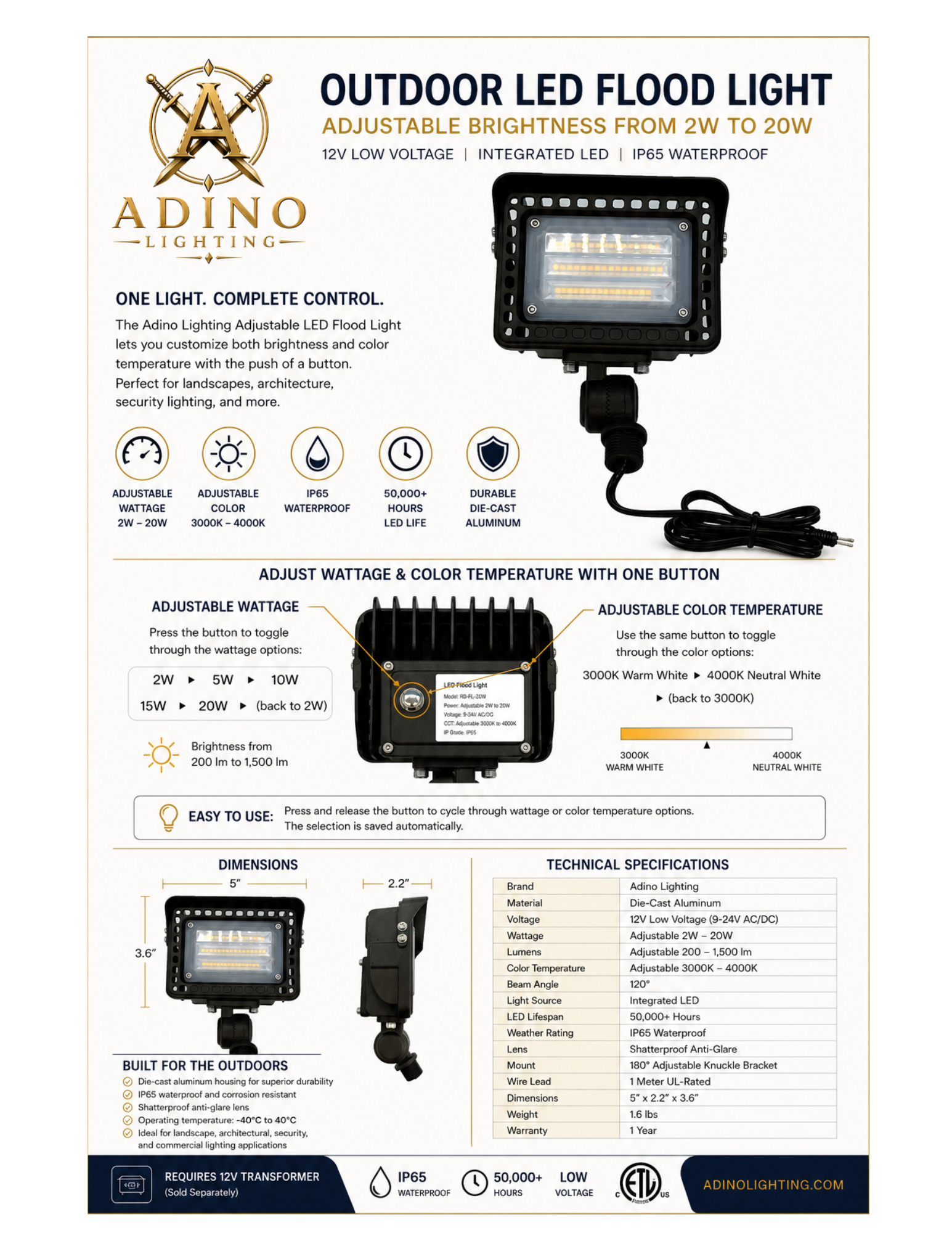 Adino Lighting adjustable LED flood light specification sheet featuring 2W–20W adjustable wattage, selectable 3000K–4000K color temperature, and technical specifications.