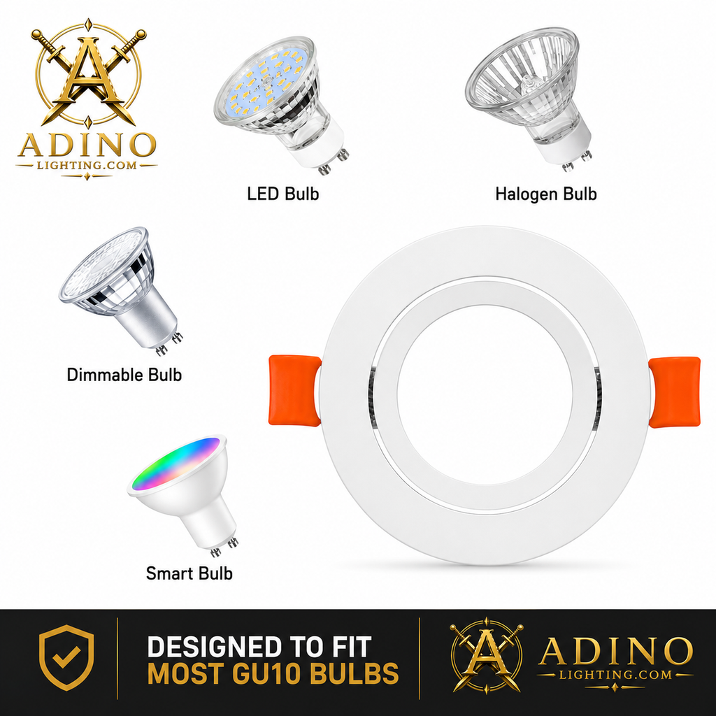 Adino Lighting recessed ceiling light frame compatible with LED, halogen, dimmable and smart GU10 and MR16 bulbs.