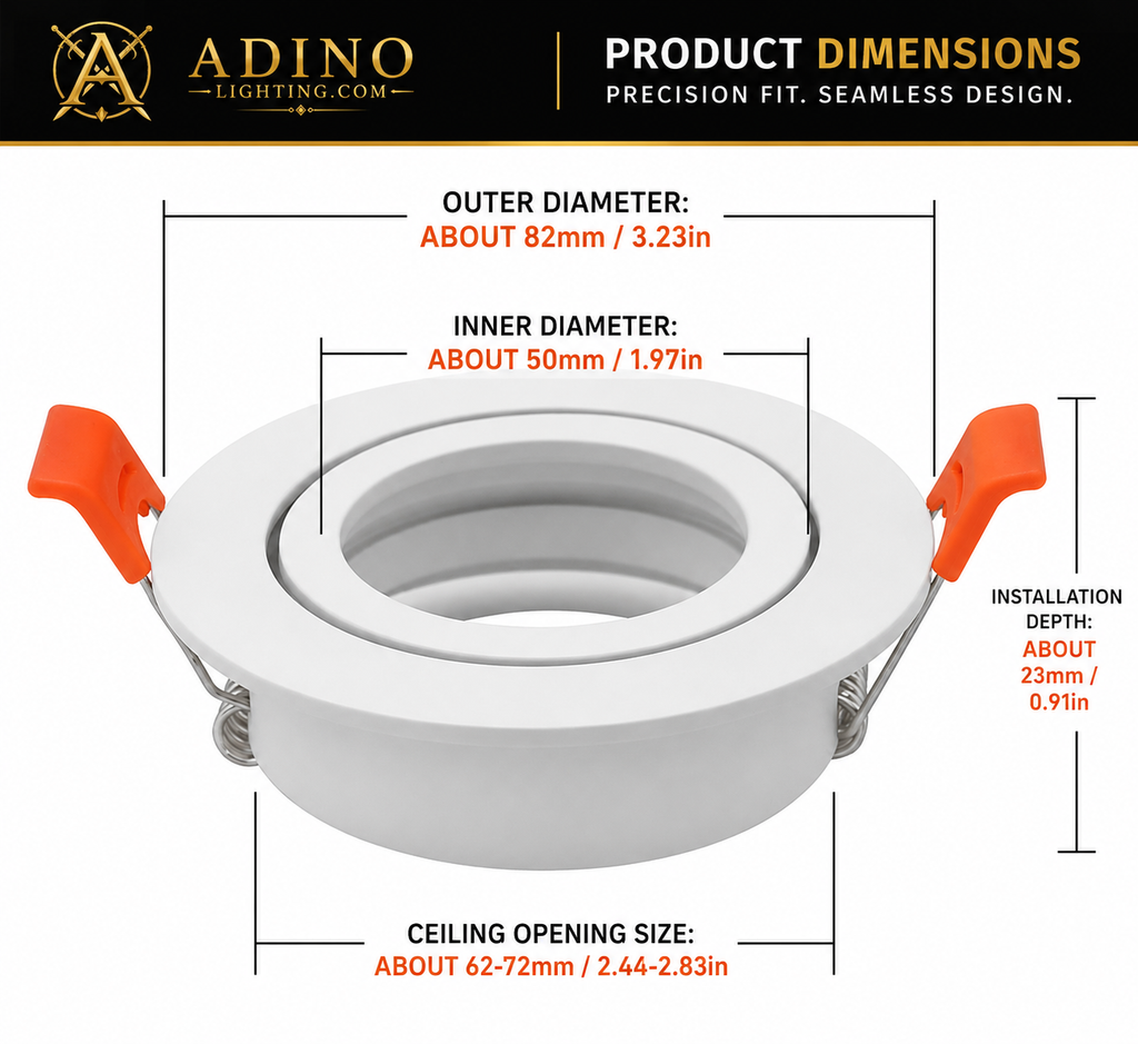 Dimensions of Adino Lighting adjustable recessed light frame showing 82mm outer diameter, 50mm inner diameter and 62-72mm ceiling cutout size.