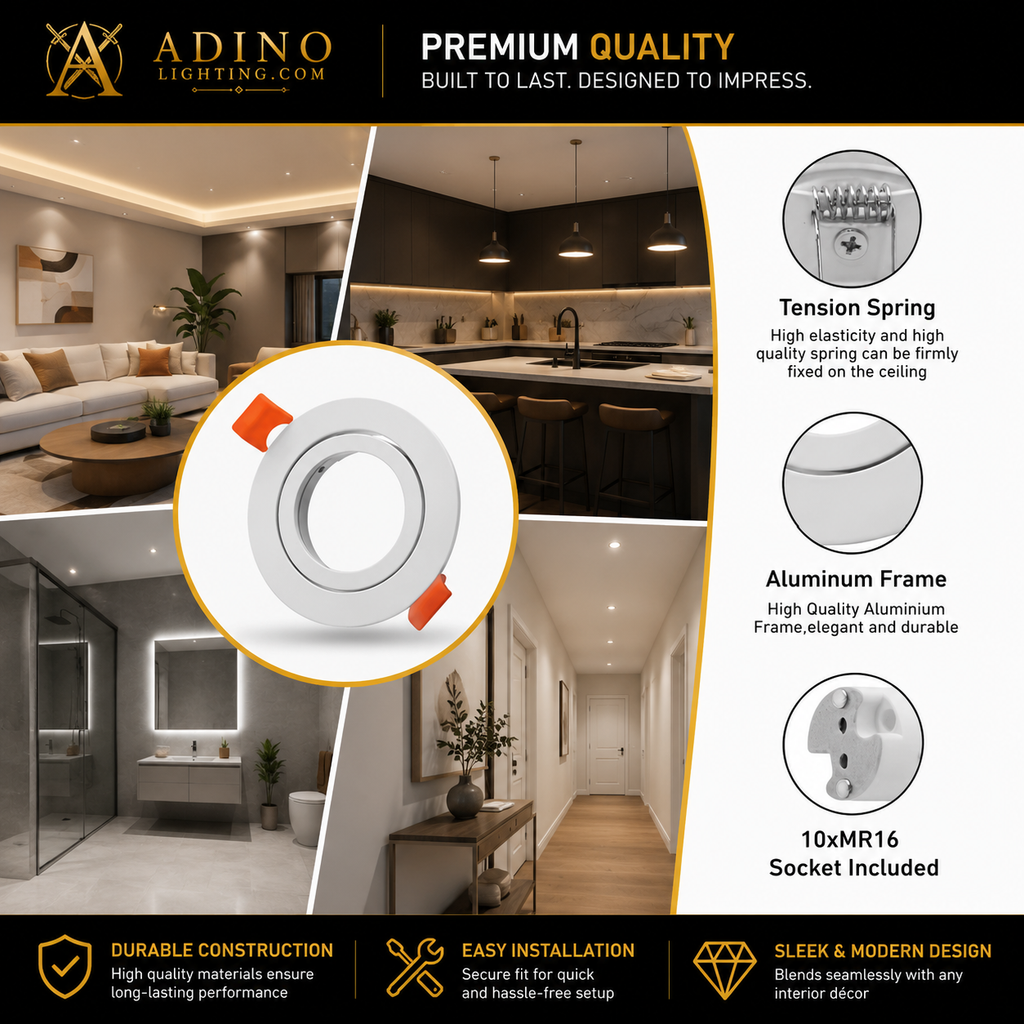 Adino Lighting recessed ceiling light frame featuring aluminum construction, tension spring mounting and MR16 socket compatibility for residential and commercial spaces.
