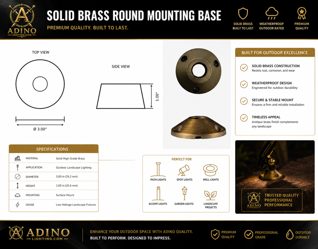 Adino Lighting solid brass round mounting base for landscape lighting, outdoor low-voltage fixture mount, weather-resistant brass construction, 3-inch diameter, professional-grade installation accessory.