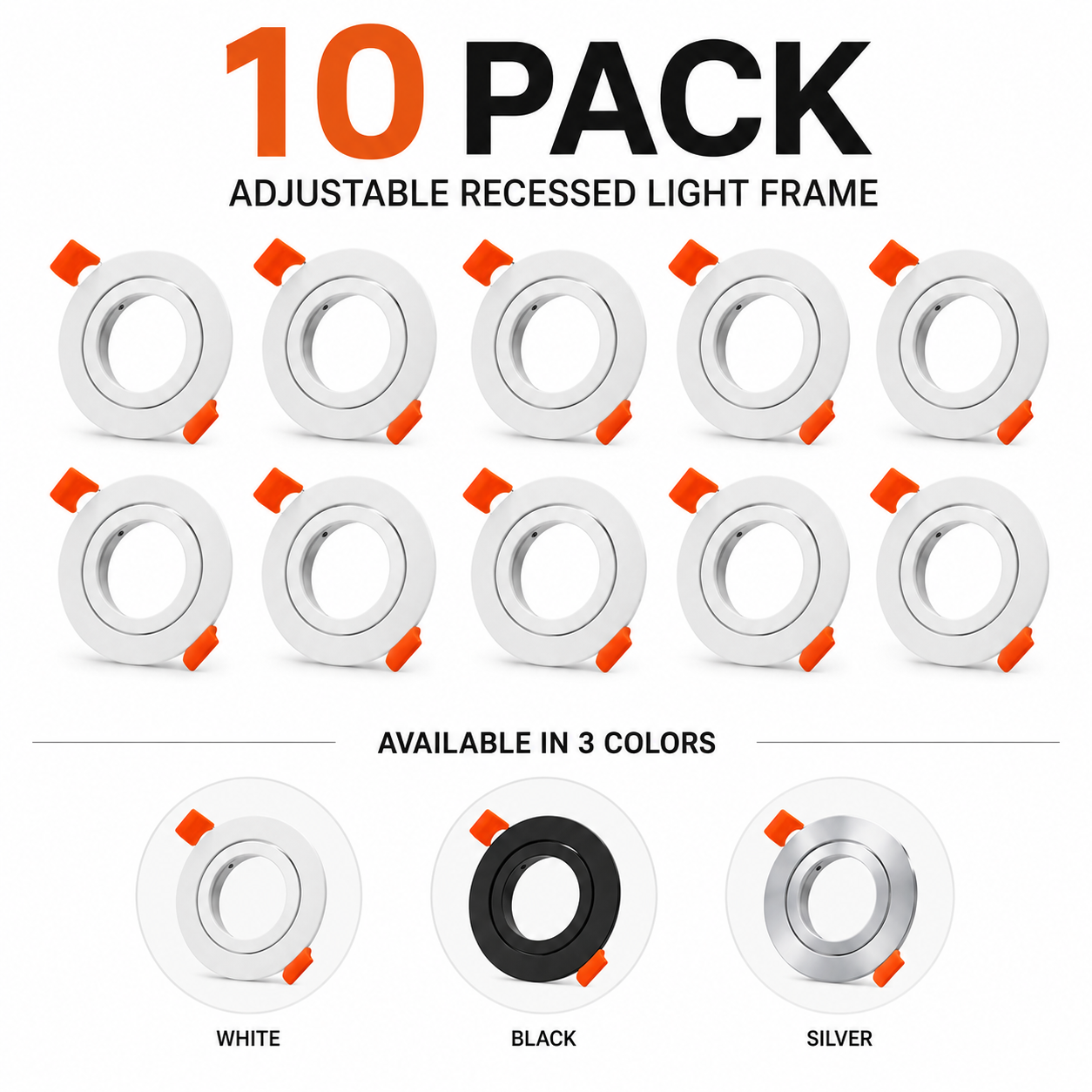 Adjustable recessed ceiling light frames available in white, black and silver finishes with MR16 socket compatibility.