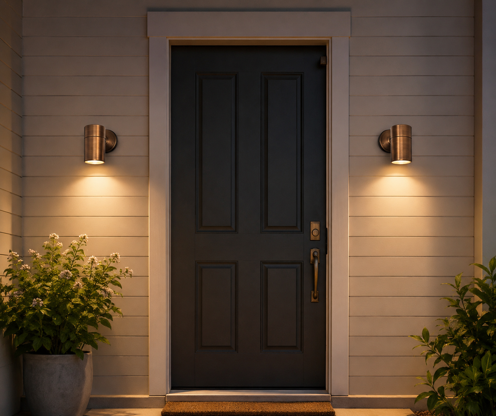 Solid brass outdoor wall lights mounted on both sides of a modern front door, providing warm architectural lighting for a residential entryway.