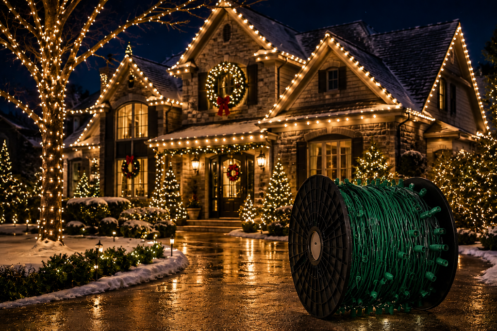 Commercial-grade 1,000-foot spool of green C9 empty socket light line with E17 intermediate-base sockets for custom holiday lighting installations.
