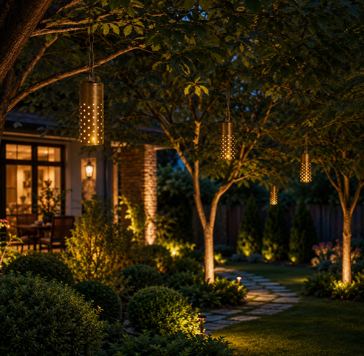Weather-resistant cast brass hanging cylinder pendant lights mounted in trees surrounding a patio area, providing elegant low voltage LED landscape lighting for outdoor living spaces.