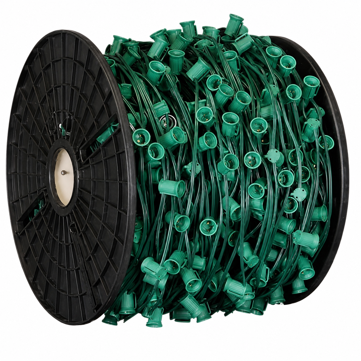 Bulk C9 socket wire spool with green wire and empty sockets for professional Christmas, roofline, and landscape lighting displays.