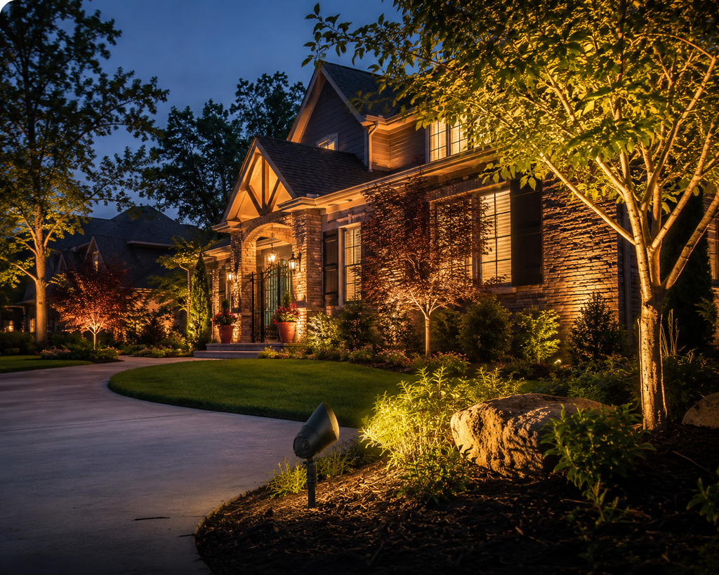Adino Lighting Eagle Series solid brass LED landscape uplight illuminating trees and a luxury home's architecture at dusk with professional low voltage outdoor landscape lighting.