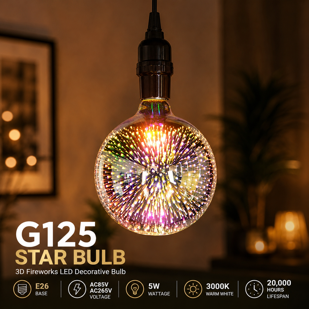 G125 Star Bulb featuring a 3D fireworks LED lighting effect, warm white 3000K glow, and E26 base decorative globe bulb.