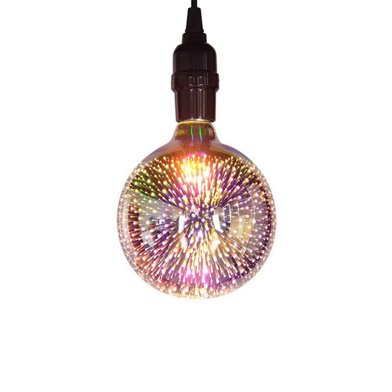 G125 decorative LED globe bulb with 3D starburst fireworks effect on a white background, E26 base, 5W warm white light.
