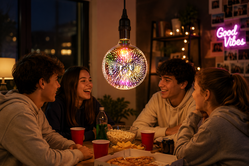 G125 Star Bulb illuminating a cozy indoor gathering with a stunning 3D fireworks effect, creating warm ambient decorative lighting.