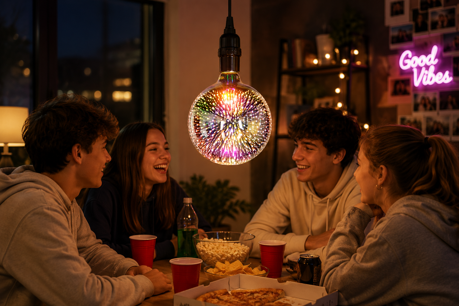 G125 Star Bulb illuminating a cozy indoor gathering with a stunning 3D fireworks effect, creating warm ambient decorative lighting.