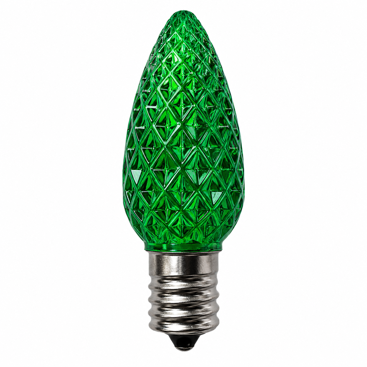 Green C9 LED retrofit bulb with diamond-faceted lens and E17 intermediate base for holiday lighting displays.