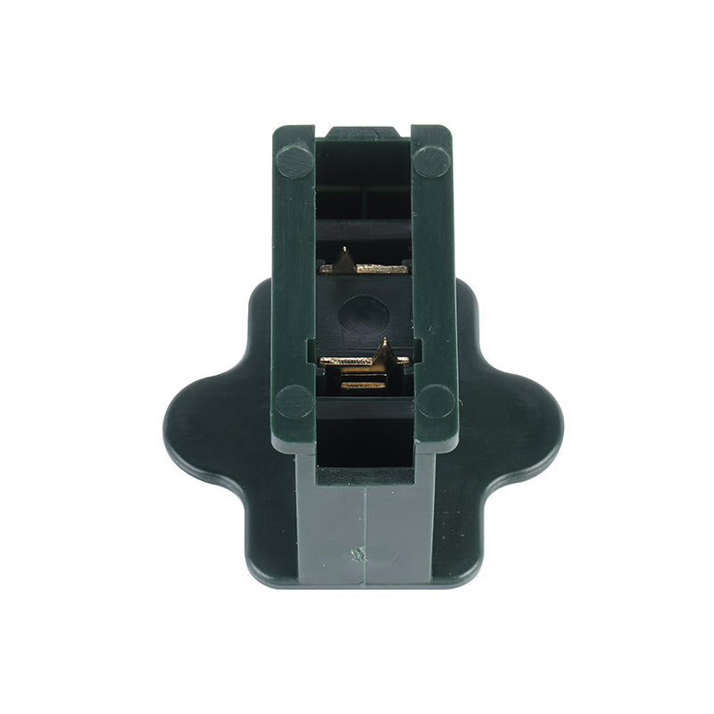Green SPT-1 female vampire plug installed on 18 AWG SPT-1 wire for custom extension cords and holiday lighting systems