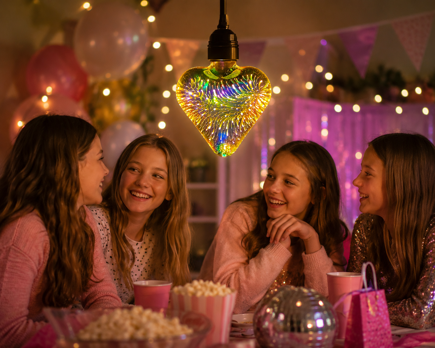 Heart-shaped fireworks LED bulb creating a warm glow in a cozy girls sleepover bedroom with decorative ambient lighting