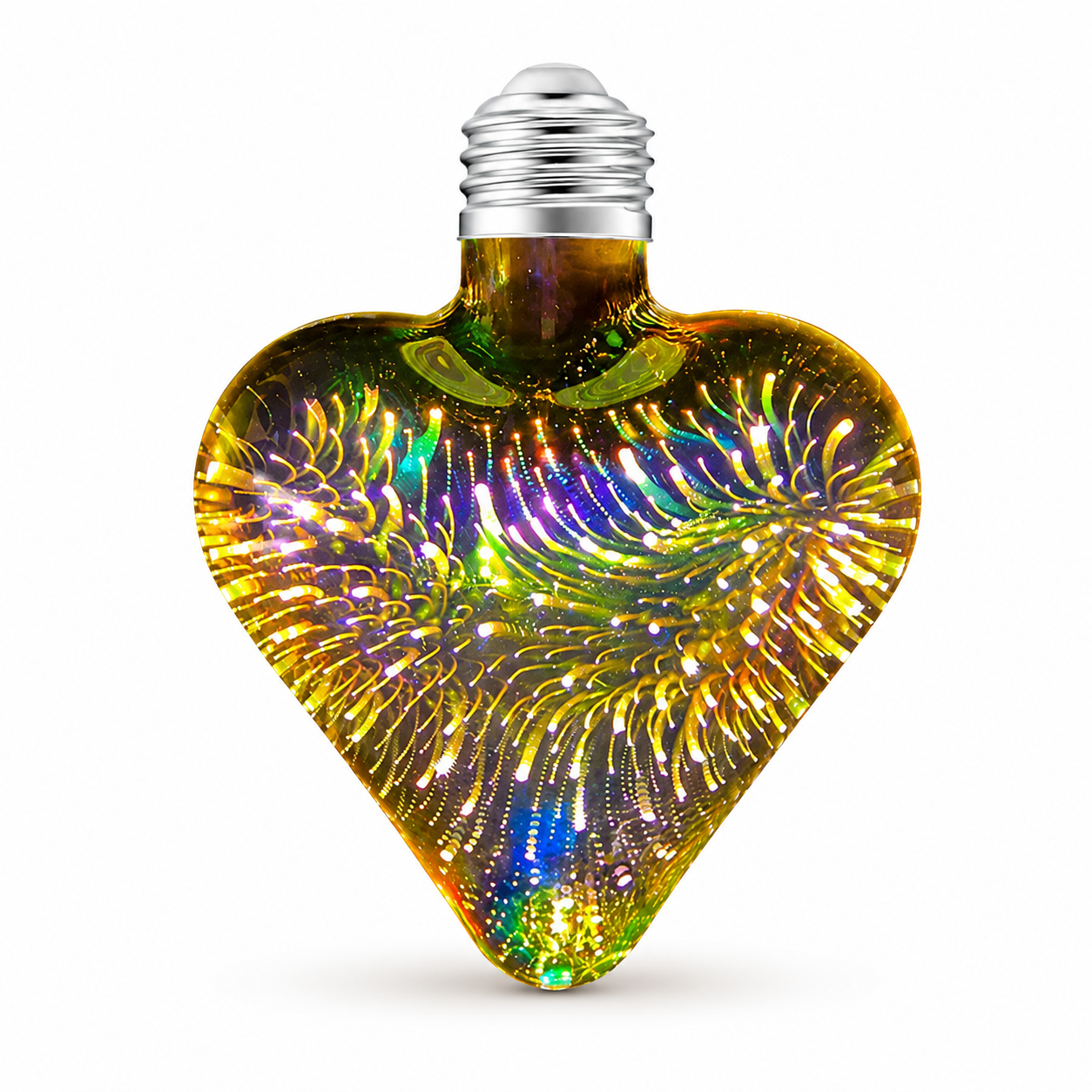 Heart-shaped fireworks LED bulb with colorful 3D firework effect, E26 base, 5W warm white decorative light
