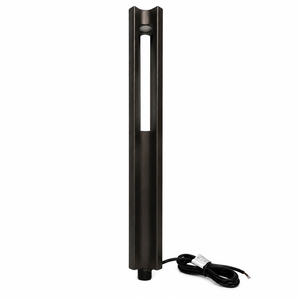 Modern column style 3W LED low voltage pathlight illuminating a residential walkway with sleek architectural design and energy-efficient 12V landscape lighting.