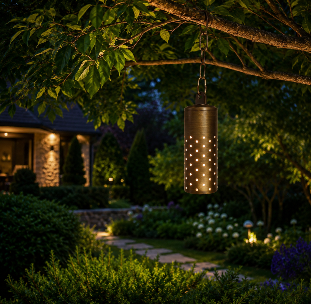 Cast brass low voltage outdoor pendant lights with MR16 LED bulbs suspended from tree branches around a patio, creating warm ambient lighting for outdoor entertaining and relaxation.