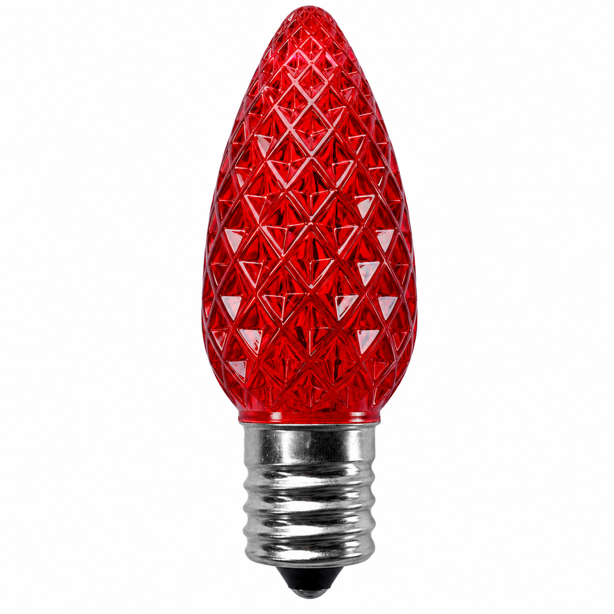 Red C9 LED retrofit bulb featuring bright commercial-grade LED technology and diamond-faceted lens design.