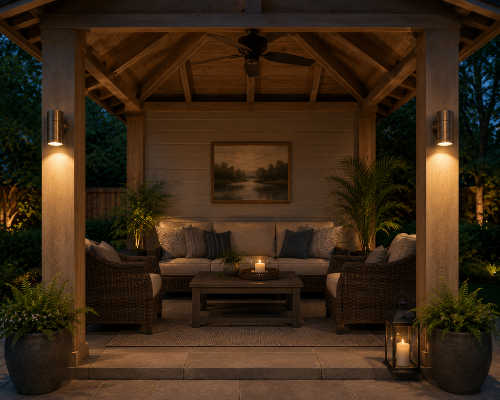 wall-light-gazebo-patio.jpg
Solid brass outdoor wall lights mounted on gazebo columns, creating warm accent lighting for a covered patio seating area at dusk.