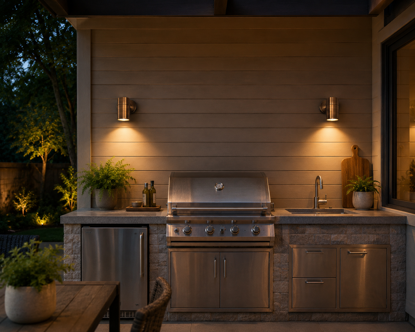 Solid brass cylinder wall lights illuminating a luxury outdoor kitchen with stainless steel grill, stone countertops, and warm ambient lighting.