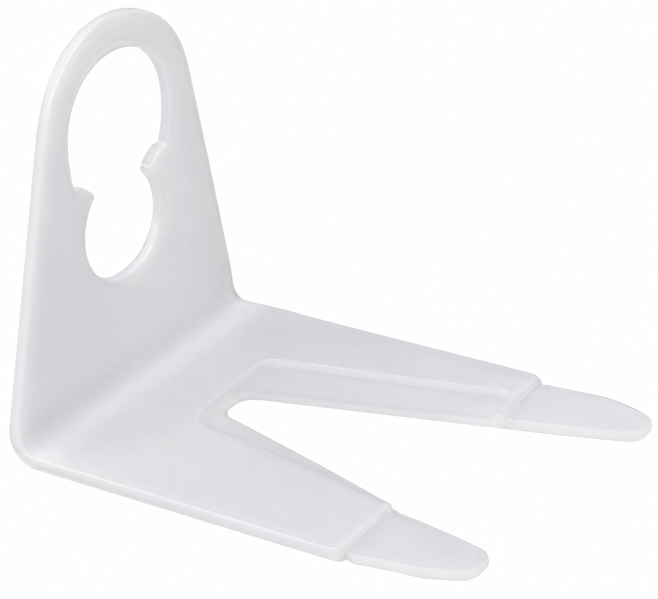 Close-up view of white shingle tab clip for mounting C7 and C9 holiday light bulbs on roof shingles.